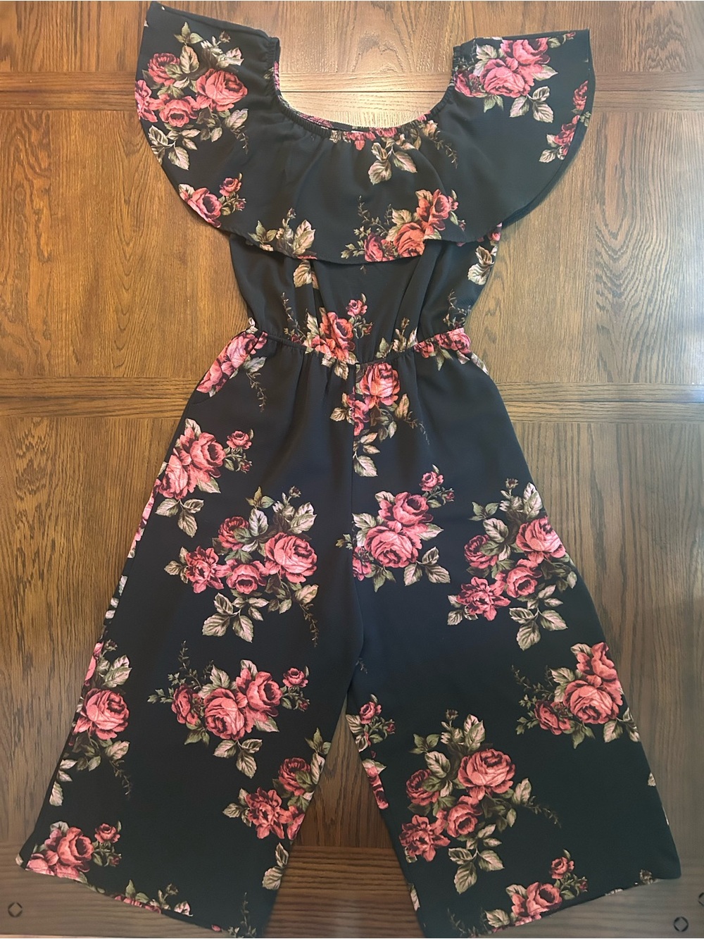 Vine & Love Black Off-Shoulder Jumpsuit with Pink Rose Print